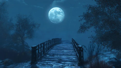 Full moon illuminates a lonely wooden bridge at night.