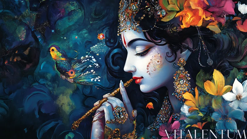 Divine flutist in jeweled bloom embraces serene night.