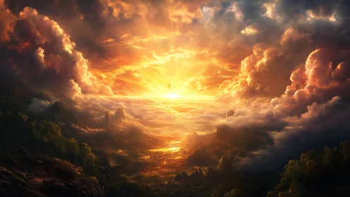 Epic volumetric sunrise over cloud sea and sculpted peaks