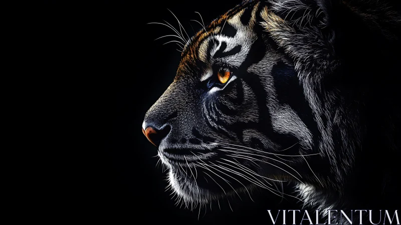 Golden-eyed tiger gazes calmly into the deep black night