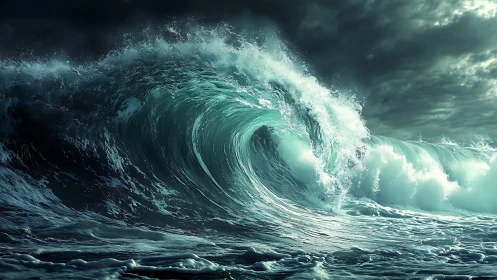 Large turquoise ocean wave under overcast storm sky.