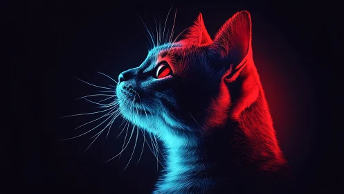 Neon-bathed cyber cat stares into electric midnight horizons.