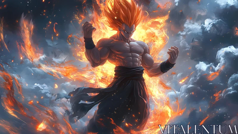 Fiery warrior channels explosive power within stormy sky