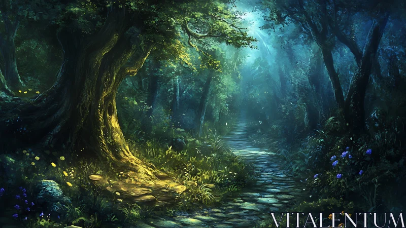 Enchanted Forest Pathway: Luminous Trees Frame Tranquil Stream.