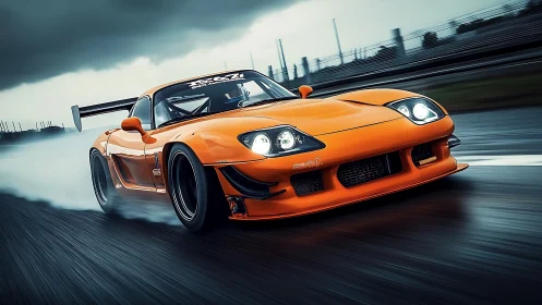 Orange modified sports car drifts on wet racetrack surface