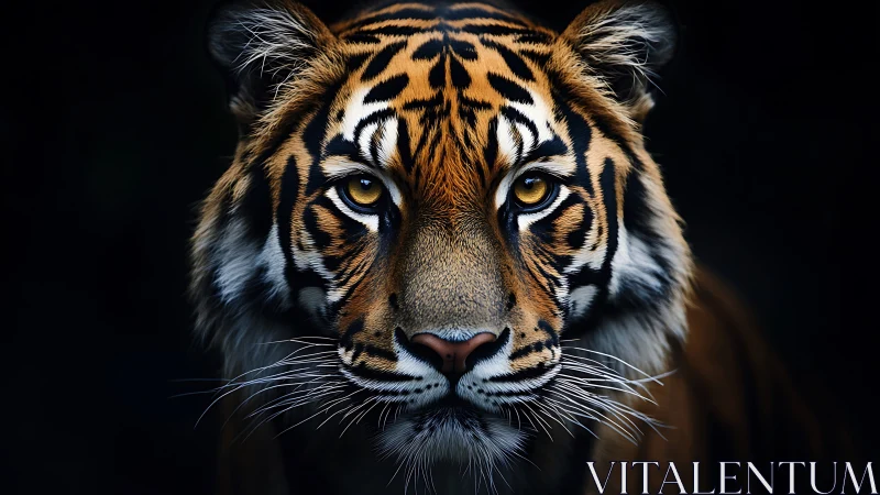 Low-key frontal tiger portrait with high-contrast stripe geometry.