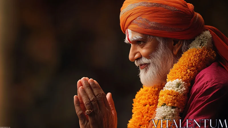 Elderly spiritual guru smiles in prayerful orange radiance.