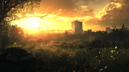 Photorealistic urban meadow at sunset with high-rise silhouette.