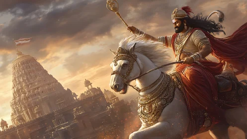 Warrior king on white stallion before temple at dawn.