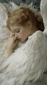 Sleeping angelic child wrapped in soft white feathered wings.