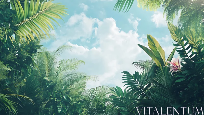 Sunlit tropical canopy framing a soft and dreamy sky.