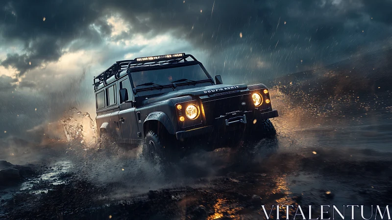 Off-road SUV drives through muddy water under stormy sky