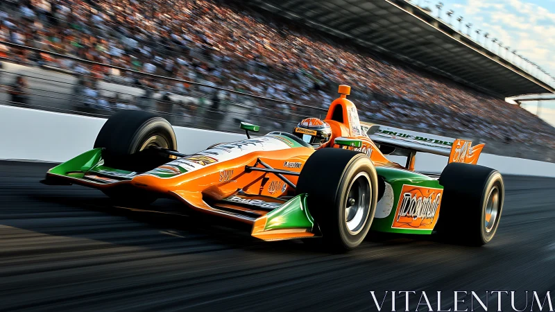Bright orange race car rushing past a roaring grandstand crowd.