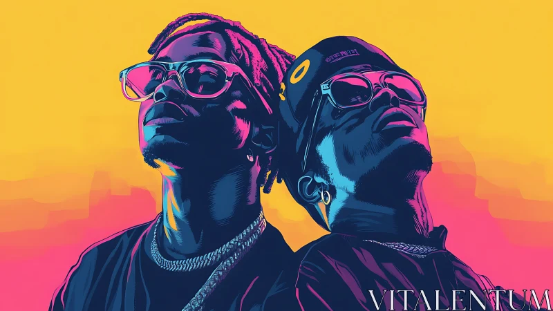 Dual neon portraits of two men in stylized profile view.