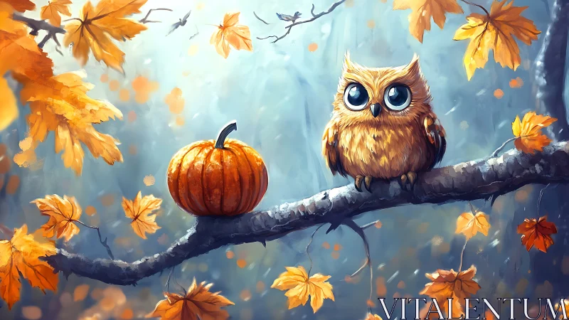 Bright-eyed autumn owl guarding a pumpkin on misty bough.