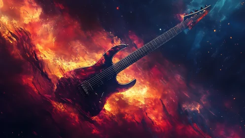 Flaming electric guitar suspended in cosmic nebula blaze.