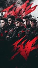 Esports team portrait with bold red claw graphics.