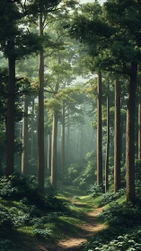 Sunlit Forest Path Through Ancient Towering Trees.