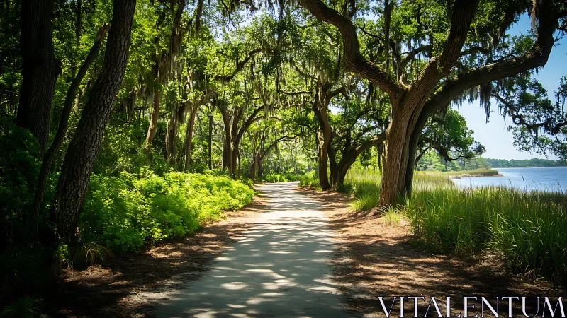 Coastal oak pathway curves beside sunlit marsh shoreline.