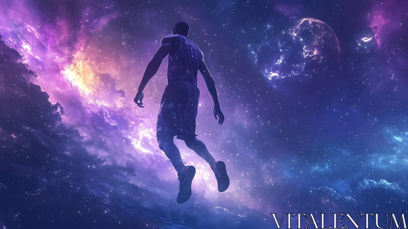 Basketball player drifts weightless through a neon galaxy.