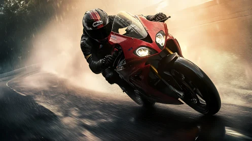 Rain-slashed asphalt bows as the red superbike carves fire