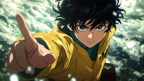 Storm-bright hero reaching forward into wild sky energy.