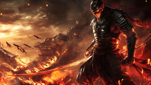 Armored warrior stands amid burning battlefield in flames.