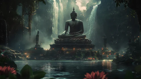 Hidden waterfall sanctuary with serene meditating Buddha.