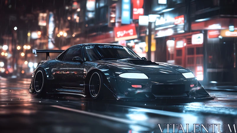 Widebody tuner car on wet neon city street at night.