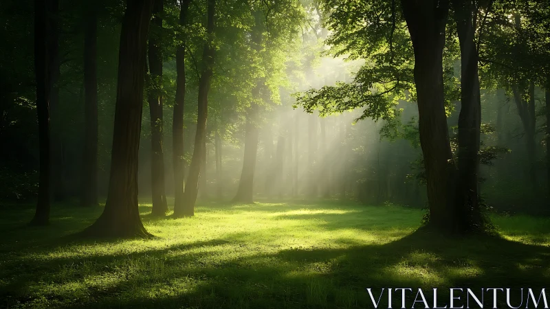 Serene sunlit forest glade with rays through lush green trees.