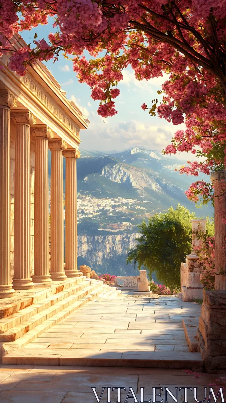 Sunlit ancient terrace framed by soft pink blossoms.