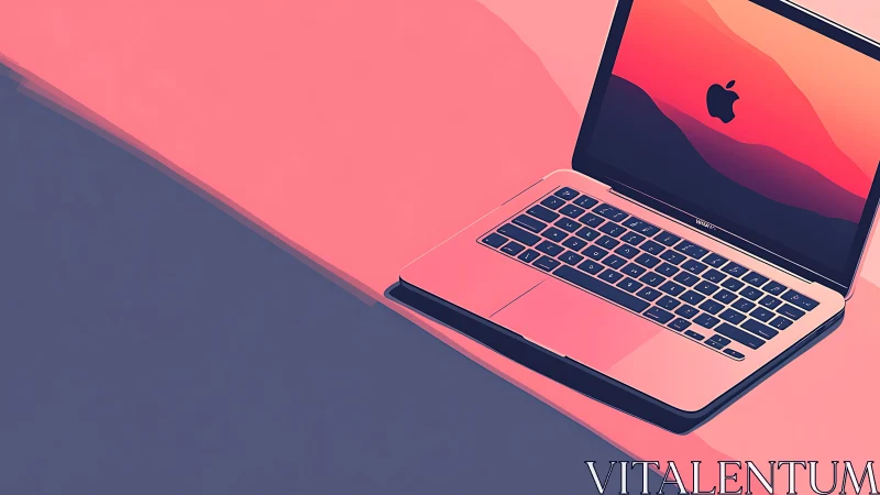 Minimalist laptop illustration on coral and slate desk surface.