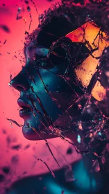 Shattered neon portrait merges human profile with glass shards.