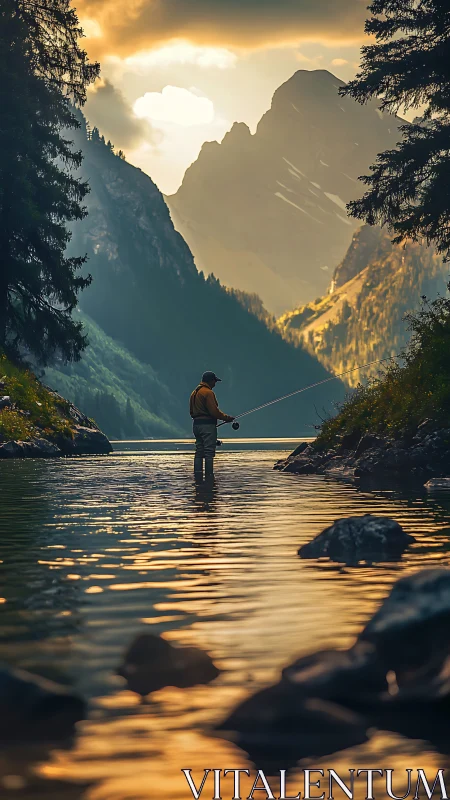 Fly fisher standing in shallow river beneath large mountains.