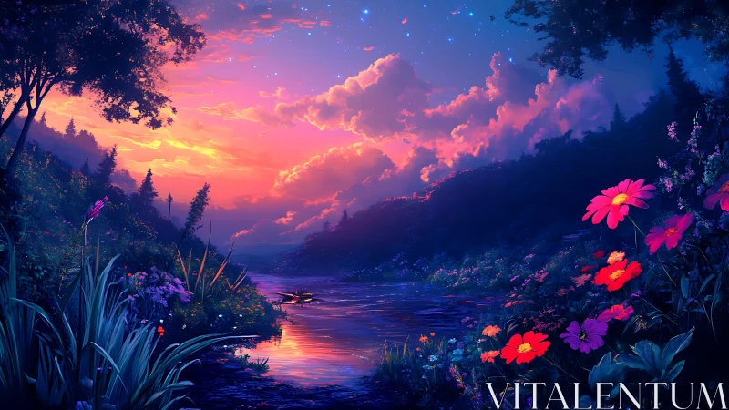 Enchanted river glows beneath a vivid sunset sky of dreams