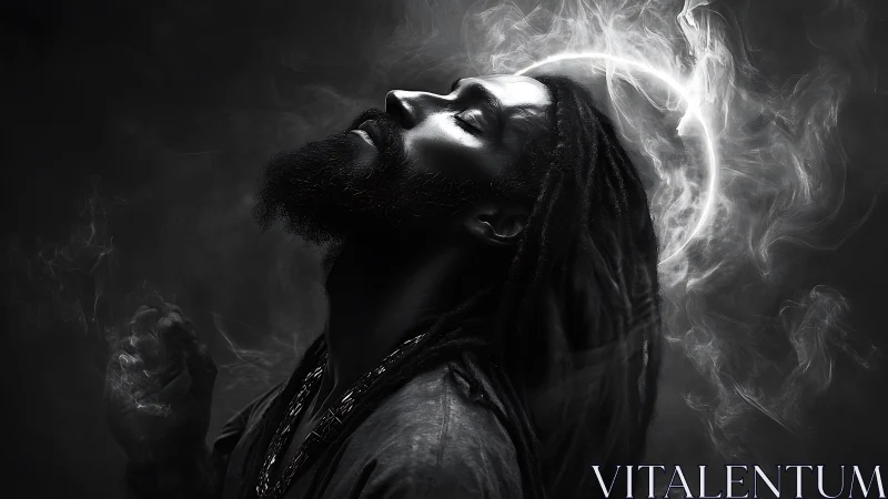Monochrome mystic portrait with radiant smoke halo effect.