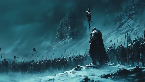 Armored infantry advance through snowy pass toward distant fortress