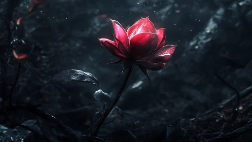 Red Lotus Flower Against Dark Moody Background.