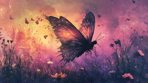 Twilight meadow where a dissolving butterfly scatters stardust.