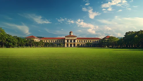Symmetrical academic building behind expansive green lawn.