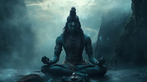 Divine blue figure meditates in misty, sacred mountain silence