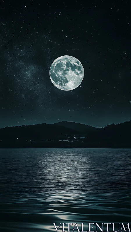 Moonlit lake glows softly beneath a deep starlit sky