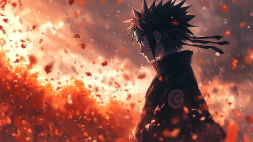 Side-lit ninja profile amid dynamic particle-like falling leaves