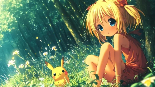 Anime girl and yellow creature resting in sunlit forest.