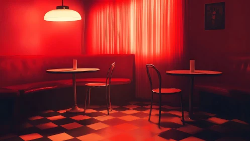 Red-lit retro diner interior with empty checker floor tables.