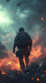 Solitary soldier strides through burning war-torn dusk.