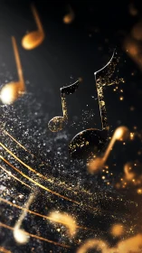 Golden musical notes and staff rendered with glittering depth