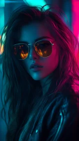 Neon-lit woman in sunglasses observes city lights at night