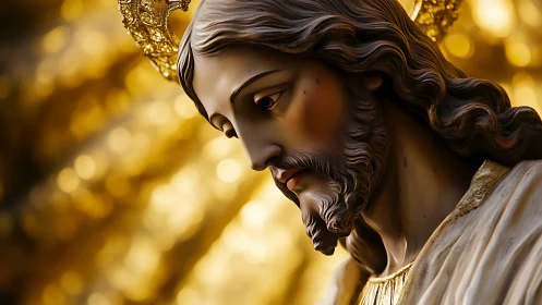 Gentle golden statue gazes downward with quiet reverence