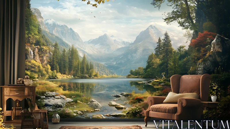 Living room armchair drifts into lake-wrapped mountain dream